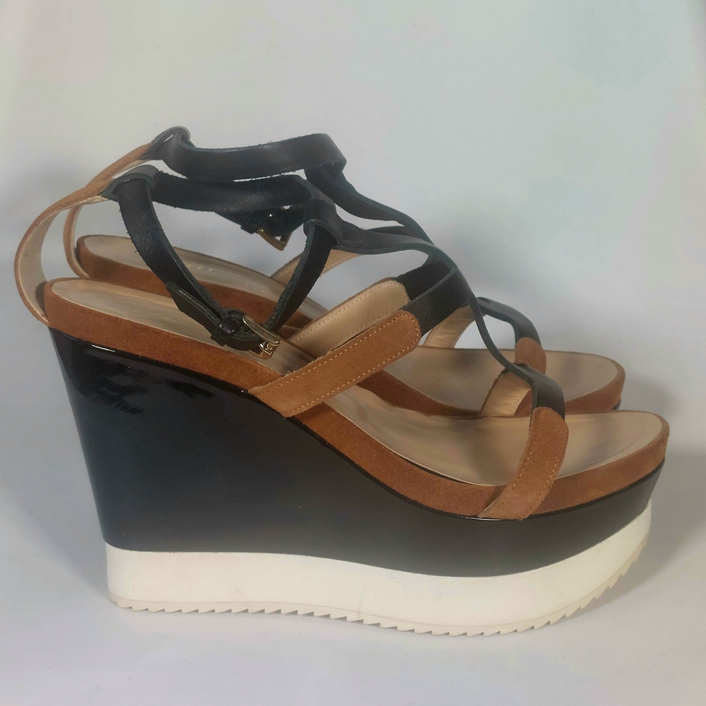 Vicini Black & Tan Leather & Suede Strappy Platform Sandals, EU41, NWT